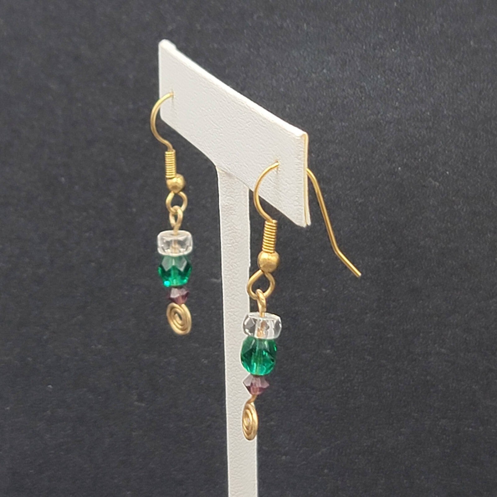 Pierced Earrings Gold tone Green Purple Clear Bead Dangle 1"
