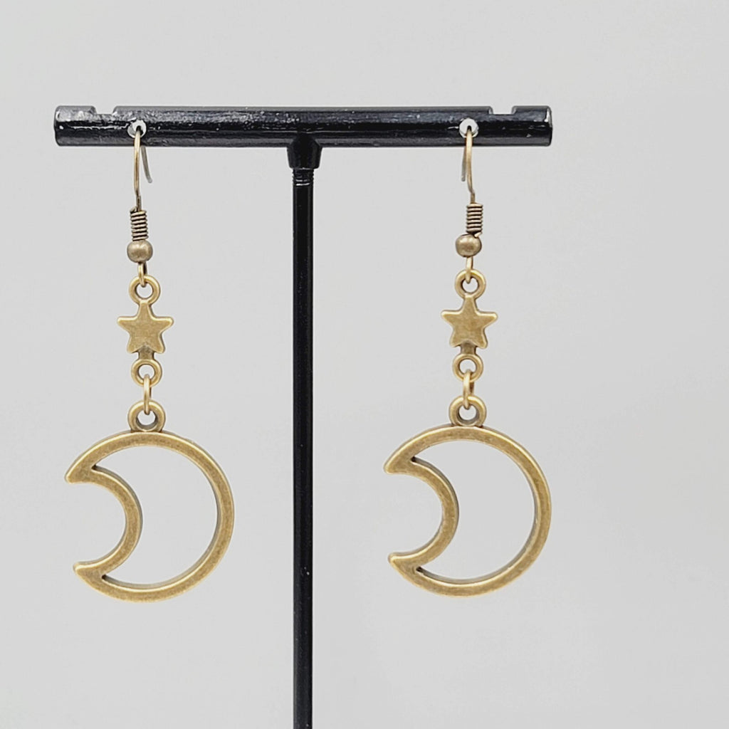 Star and Moon Pierced Earrings Bronze tone Dangle 1.5" New