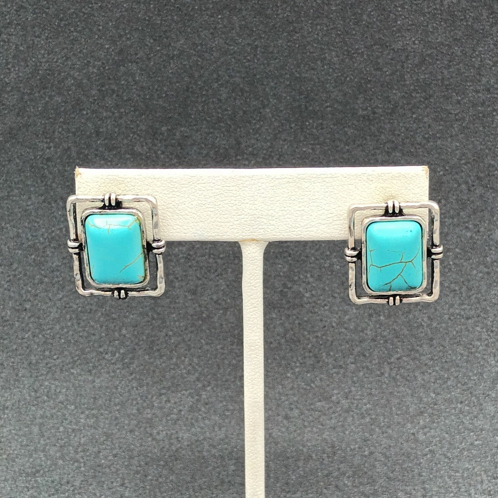 Pierced Earrings Silver tone Dyed Howlite Faux Turquoise Southwest Drop 3/4"