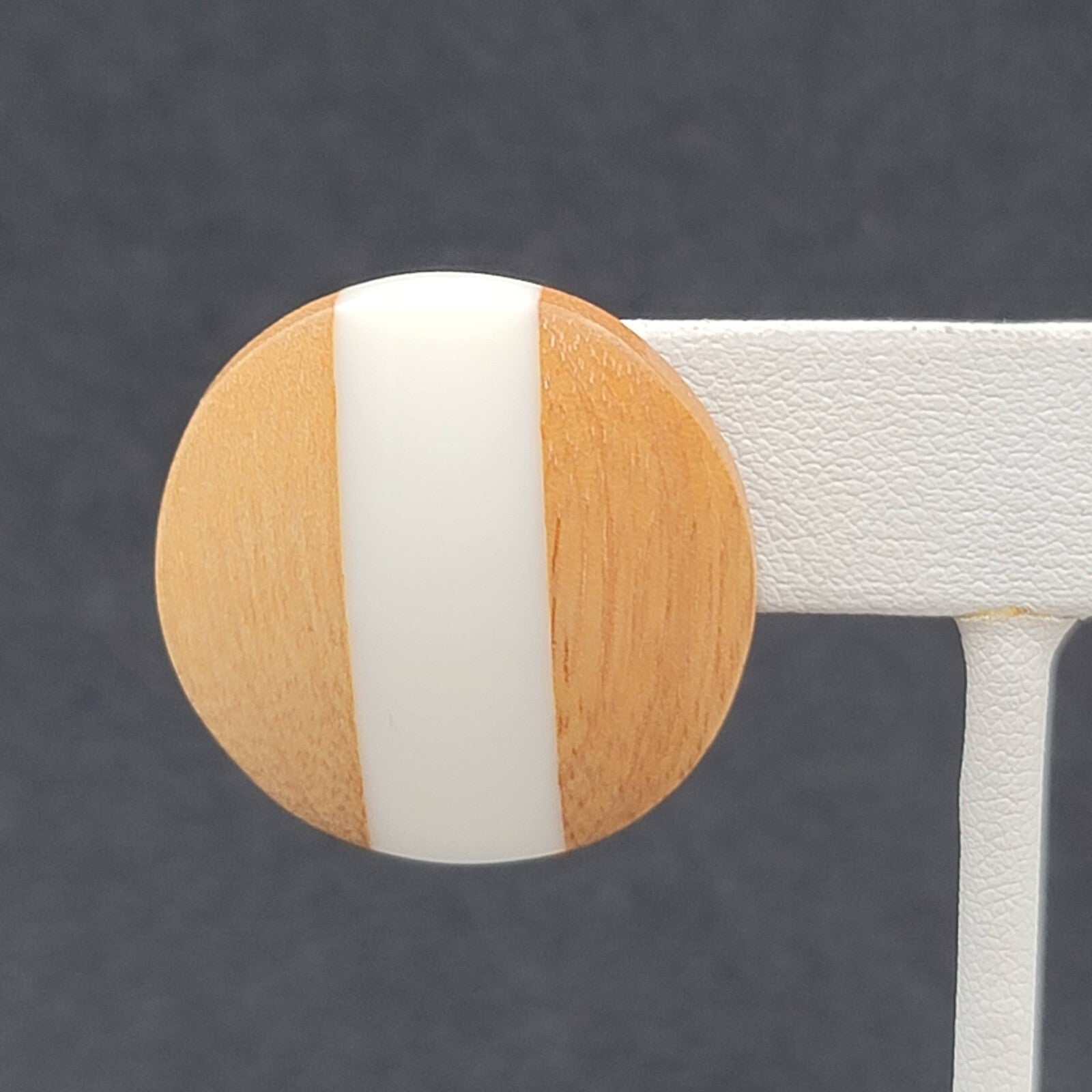 Pierced Earrings Wood White Resin Stripe Round 1 1/8"
