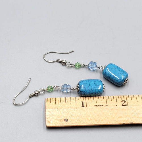 Blue & Green Bead Pierced Earrings Silver tone Dangle  1.5 in