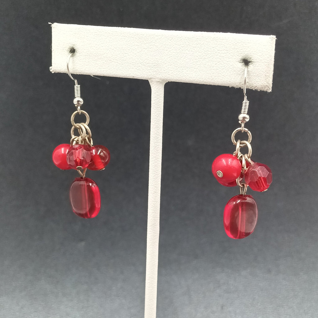 Pierced Earrings Red Acrylic Bead Cluster Silver tone Hook Dangle 1 3/8"