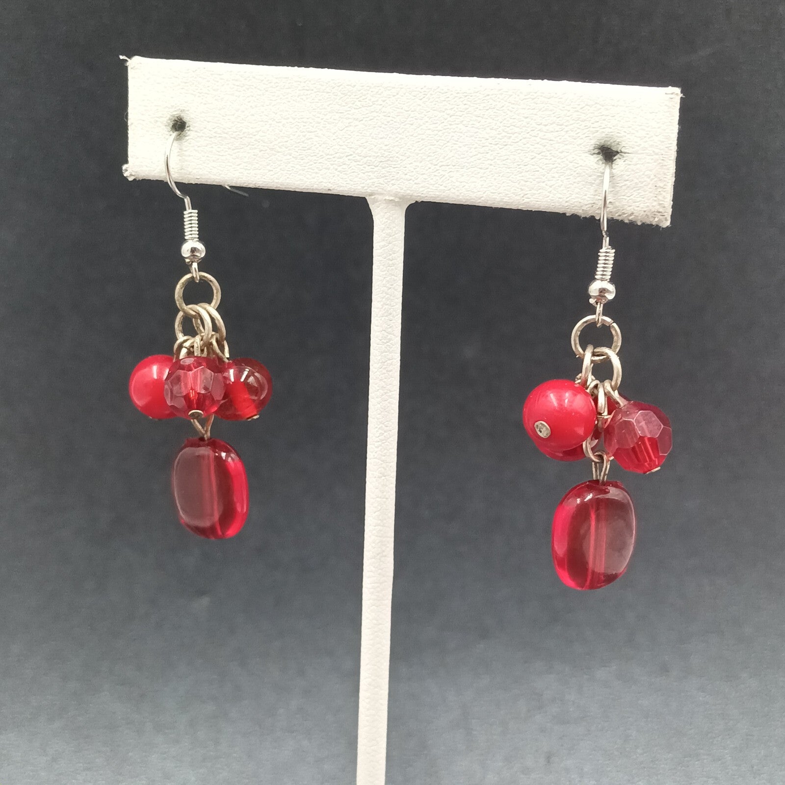 Pierced Earrings Red Acrylic Bead Cluster Silver tone Hook Dangle 1 3/8"