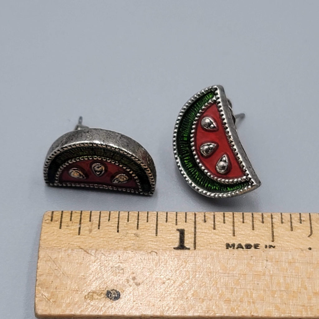 Avon Watermelon Pierced Earrings Enamel Silver tone Drop 3/4"