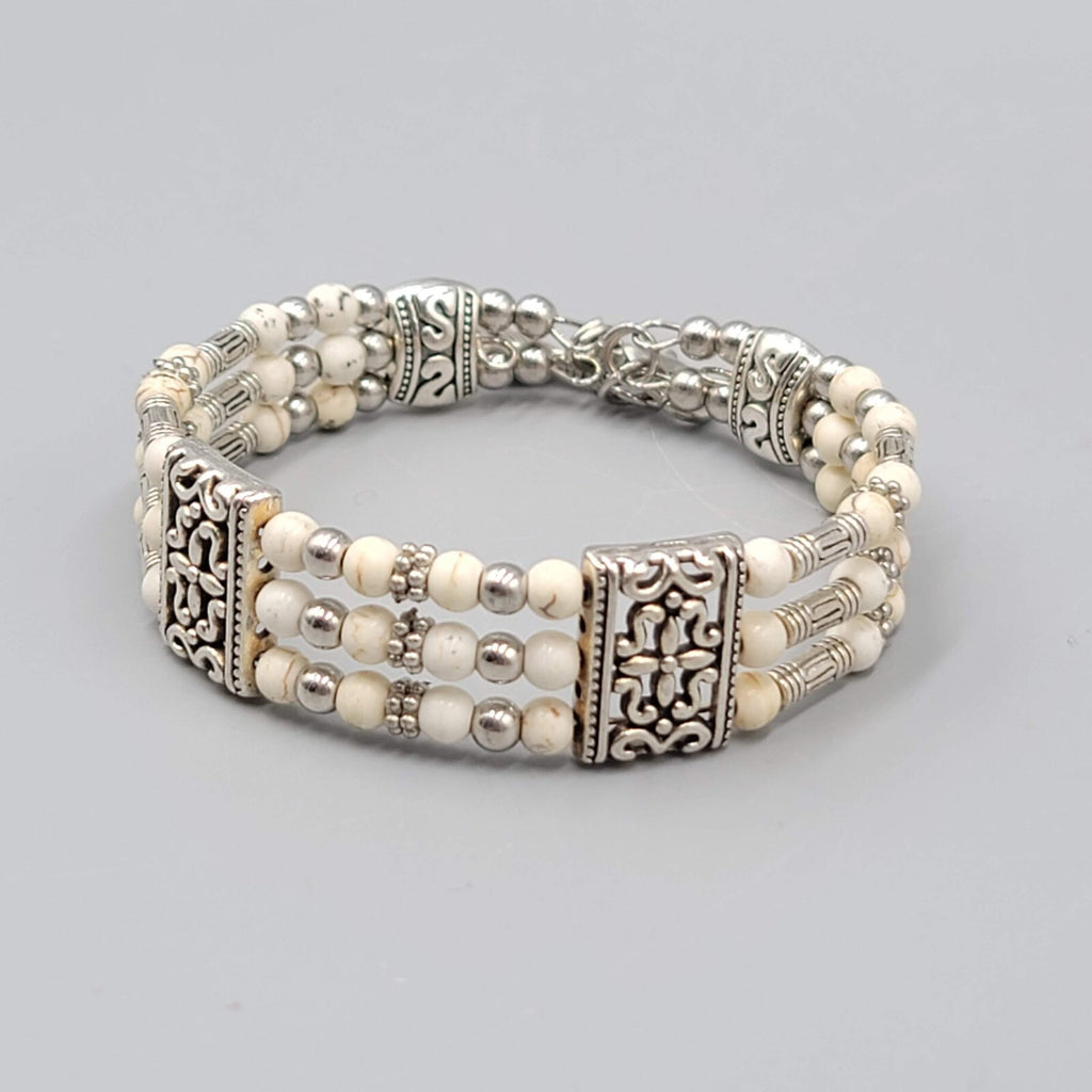 White Stone Bead Bracelet Triple Strand Silver tone Feather Charm 6.75"