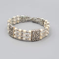 White Stone Bead Bracelet Triple Strand Silver tone Feather Charm 6.75"