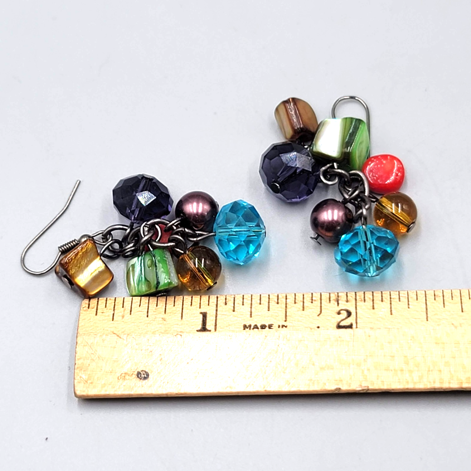 Multicolor Shell and Glass Bead Pierced Earrings Dangle 1.5 in