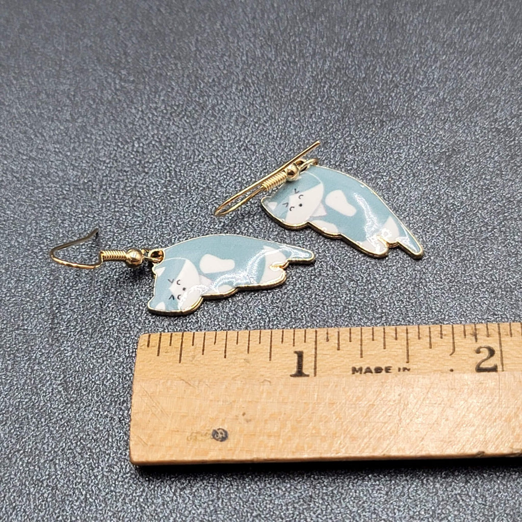 Pierced Earrings Kitten Cat Blue White Gold tone Dangle 1" 