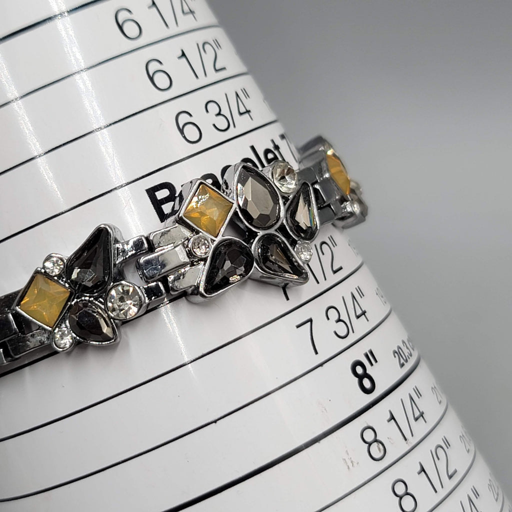 Black Yellow Rhinestone Bracelet Gun Metal Gray Metal Elastic 7"