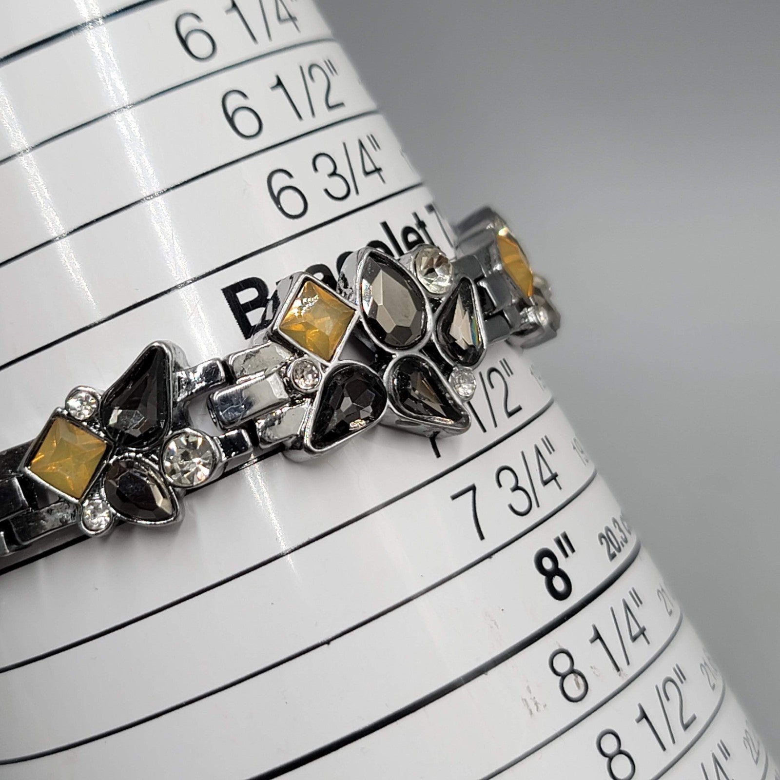 Black Yellow Rhinestone Bracelet Gun Metal Gray Metal Elastic 7"