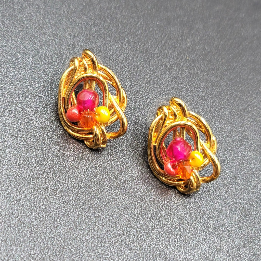 Pierced Earrings Gold Plated Pink Yellow Beaded Artistic Drop 1"