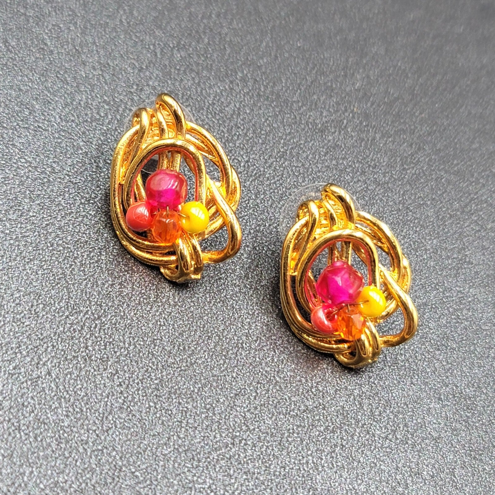 Pierced Earrings Gold Plated Pink Yellow Beaded Artistic Drop 1"