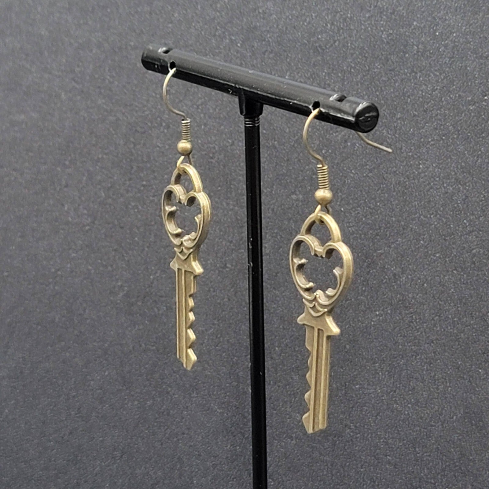 New Pierced Earrings Ornate Key Bronze tone Dangle 1.5"