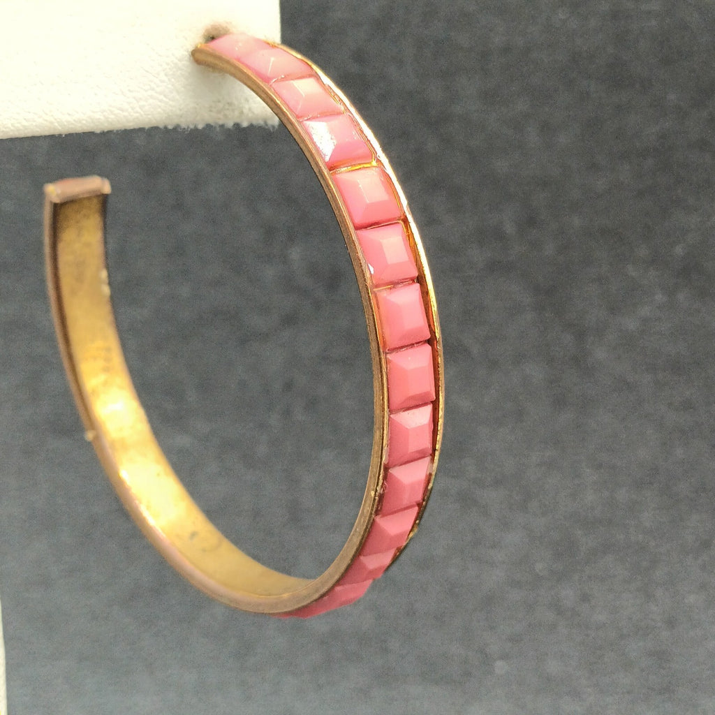 Pierced Earrings Bronze tone Pink Faceted Acrylic Statement Hoop 2 1/8"