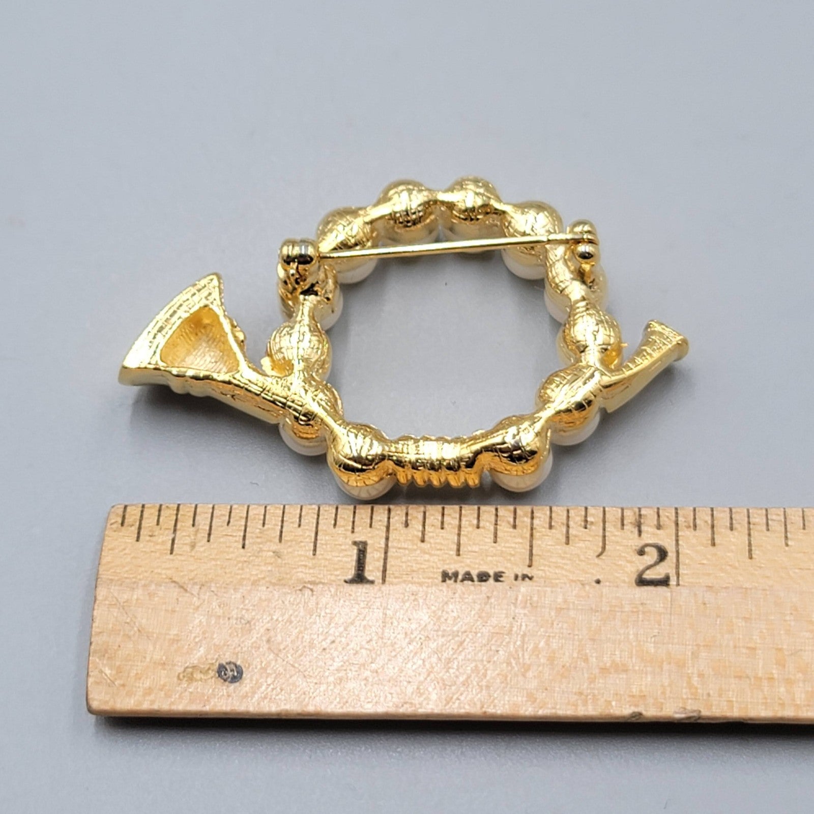 Vintage Horn Gold Plated Faux Pearl Christmas Holiday Year Round 2"