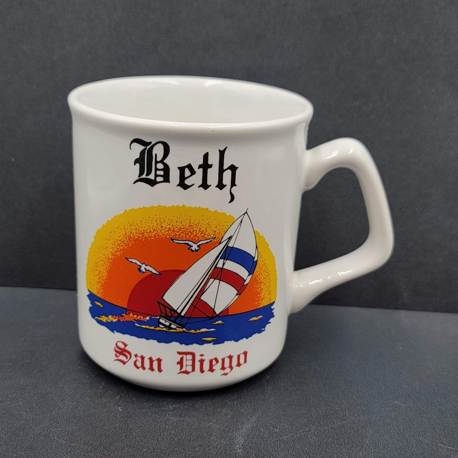 Vintage San Diego BETH Coffee Mug Cup Sailboat Souvenir