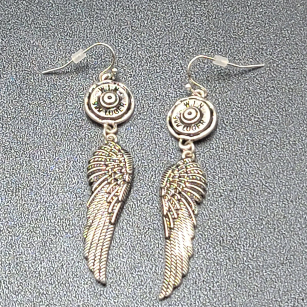 Pierced Earrings Luger Bullet Ends Angel Wings Dangle 2.5"