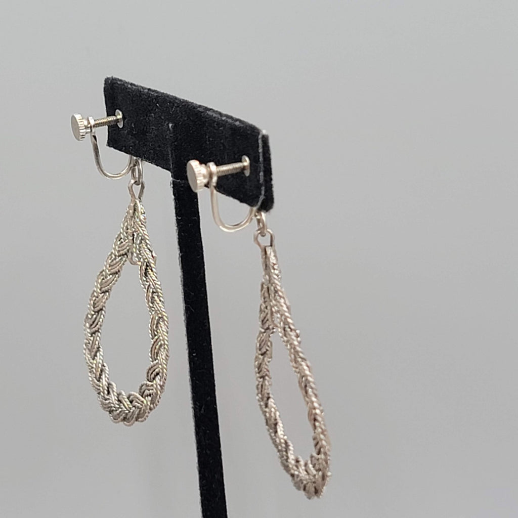 Vintage Open Teardrop Embossed Clip on Earrings Silver tone Dangle 2 in