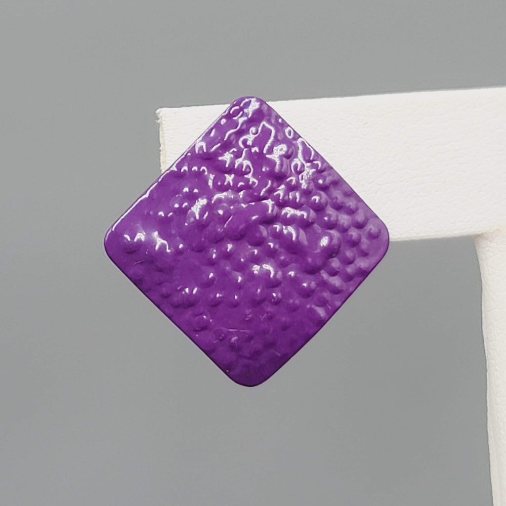 Vintage Purple Enamel Pierced Earrings Textured Metal Square Drop 1"
