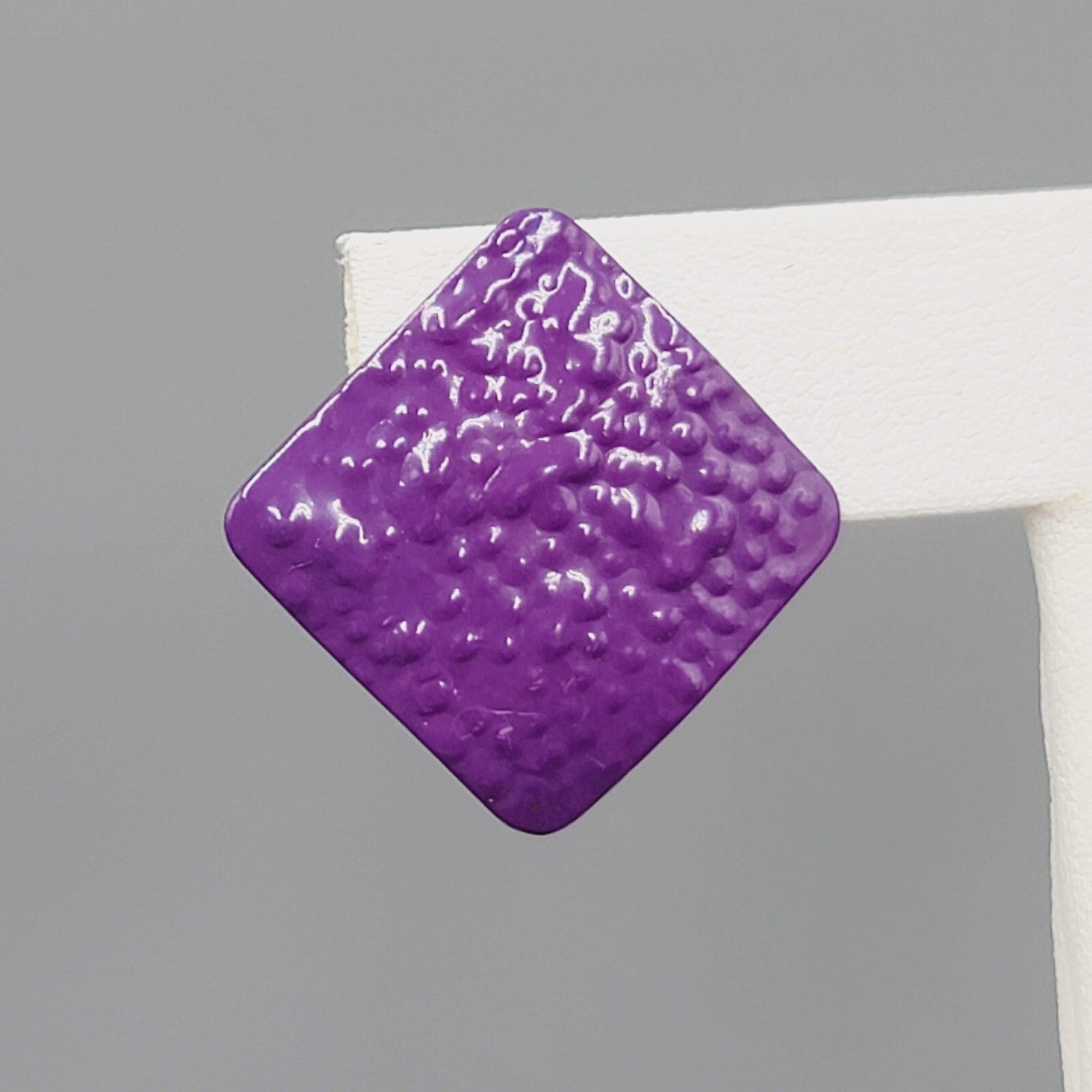Vintage Purple Enamel Pierced Earrings Textured Metal Square Drop 1"