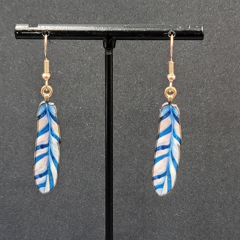 Metal Feather Pierced Earrings Blue White Striped Gold tone Dangle 1.5"
