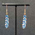 Metal Feather Pierced Earrings Blue White Striped Gold tone Dangle 1.5"