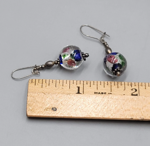 Art Glass Flower Pierced Earrings Silver tone Dangle 1"