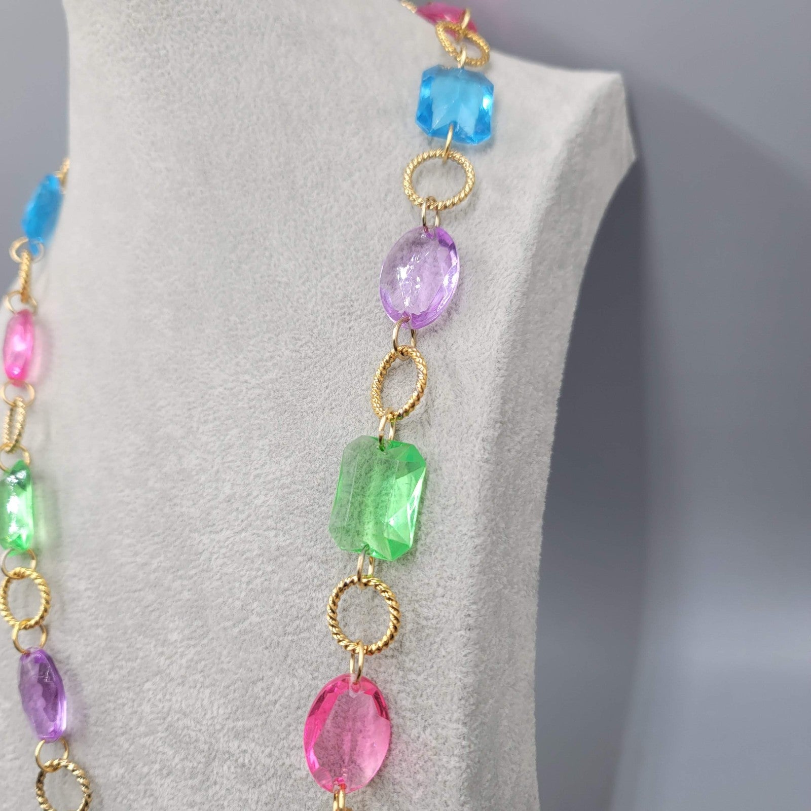 Long Statement Bead Necklace Gold tone Pink Green Blue Purple 30 in