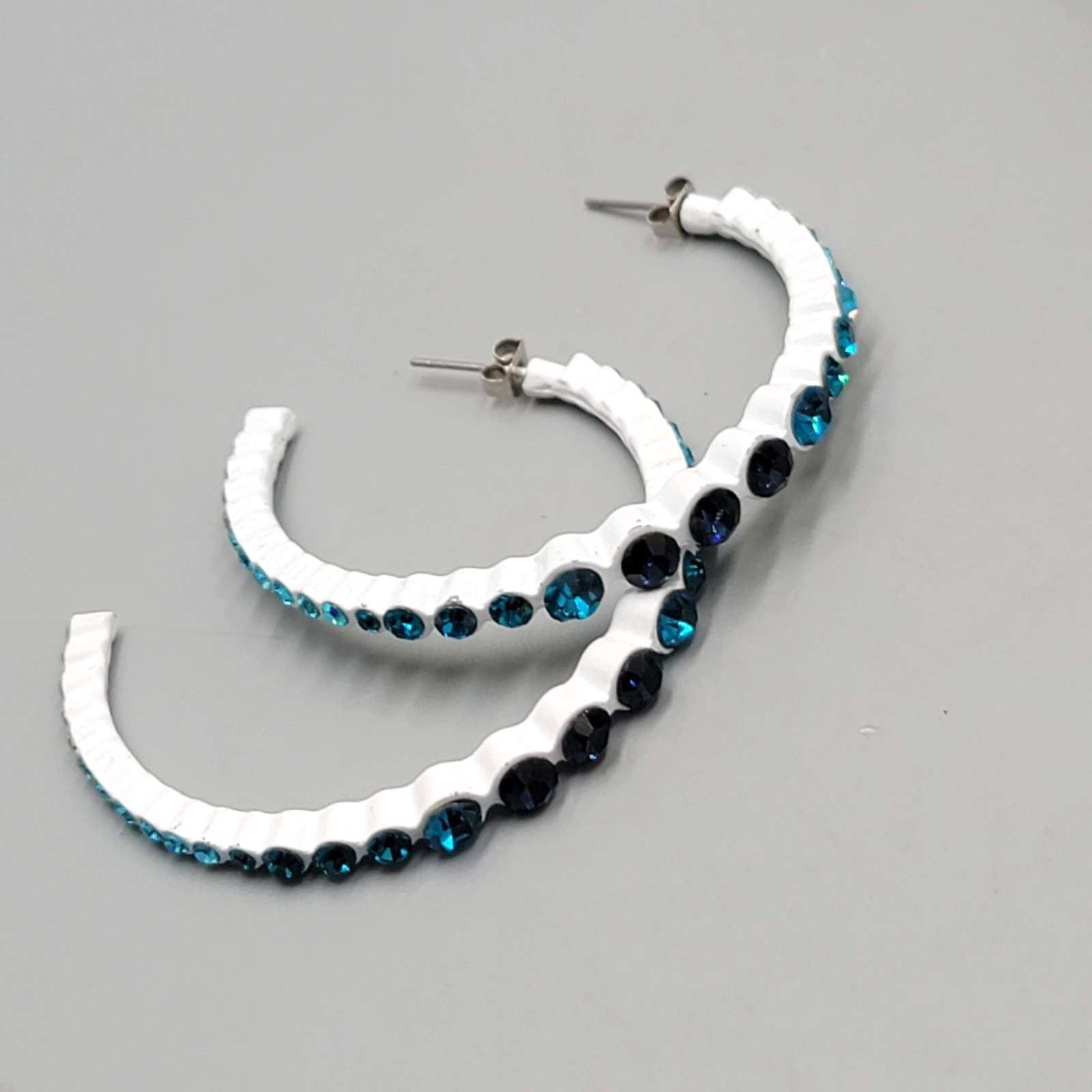 White Enamel Pierced Earrings Blue Ombre Rhinestone Large 2"