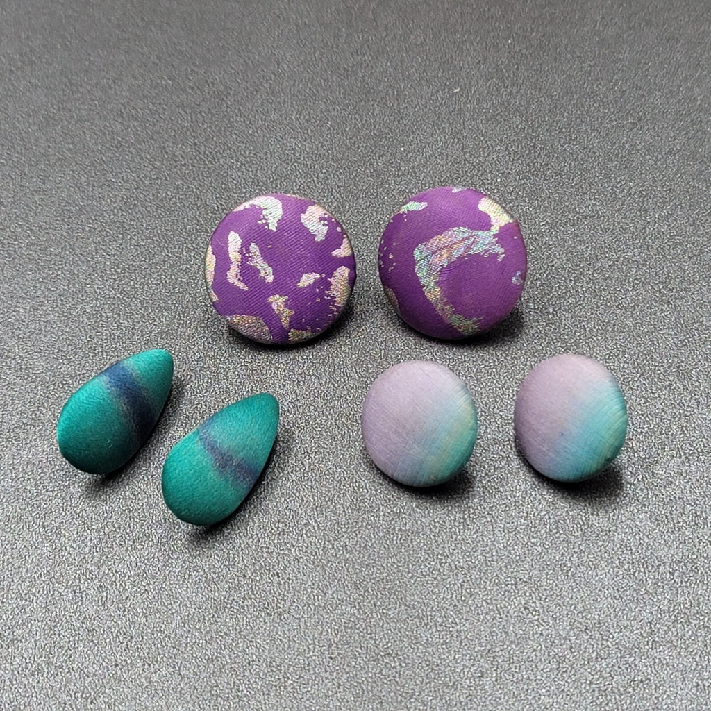 Lot of 3 Vintage Pierced Earrings Blue Purple Silk Wrapped Drop