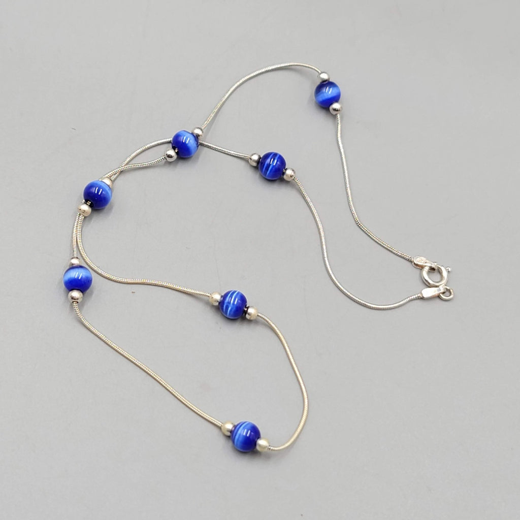 Royal Blue Cats Eye Station Sterling Silver Necklace 925 - 16"
