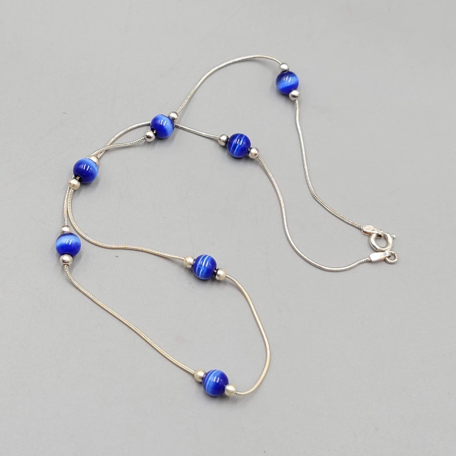 Royal Blue Cats Eye Station Sterling Silver Necklace 925 - 16"