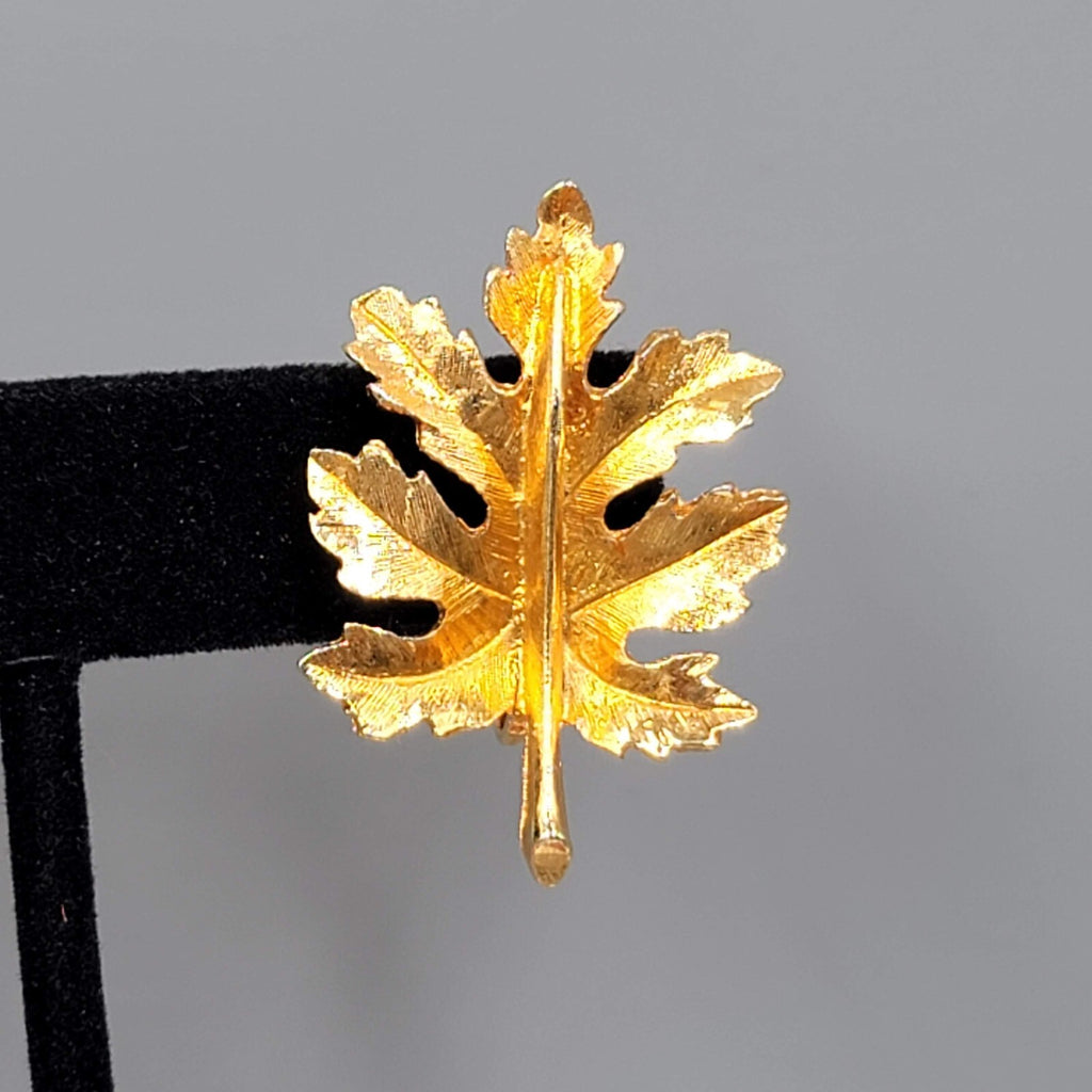 Vintage Gold Plated Leaf Clip on Earrings Leaves Drop 1 3/8"