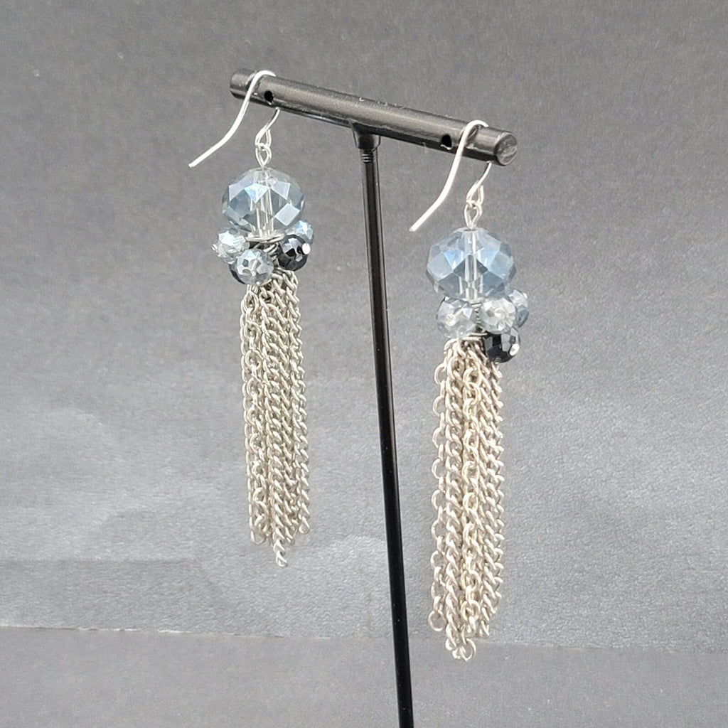 Pierced Earrings Silver tone Blue Faceted Glass Bead 3"