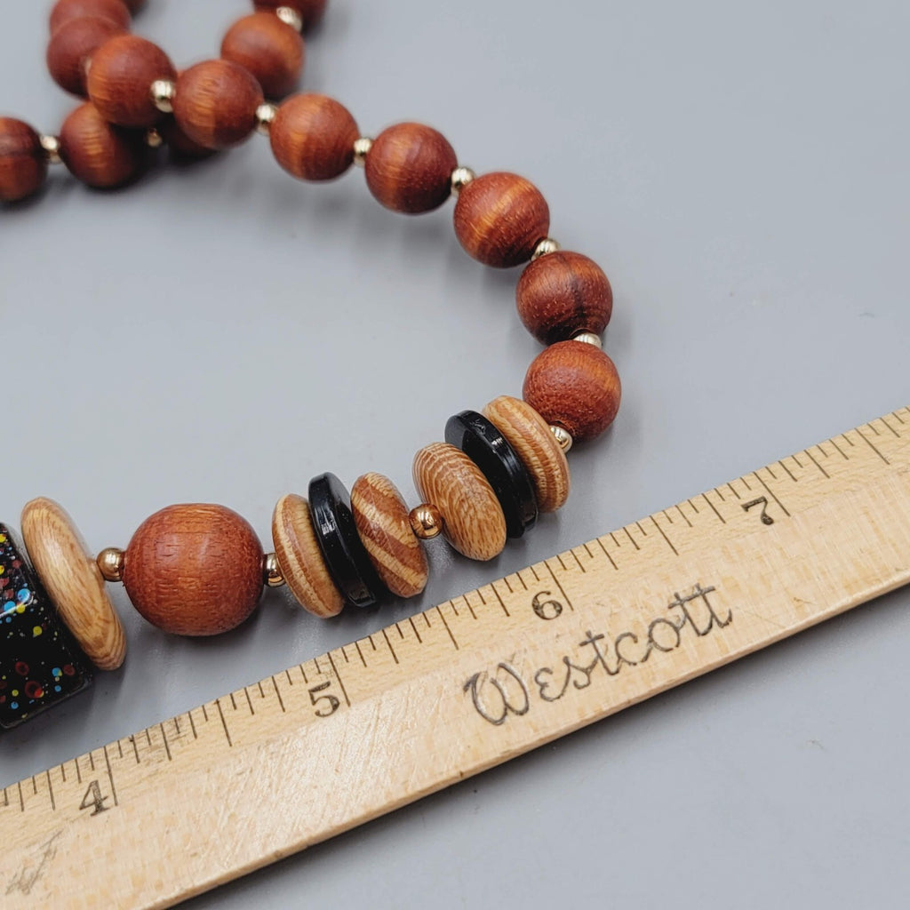 Vintage Wood Graduated Bead Statement Black Speckle Accent Bead 23"