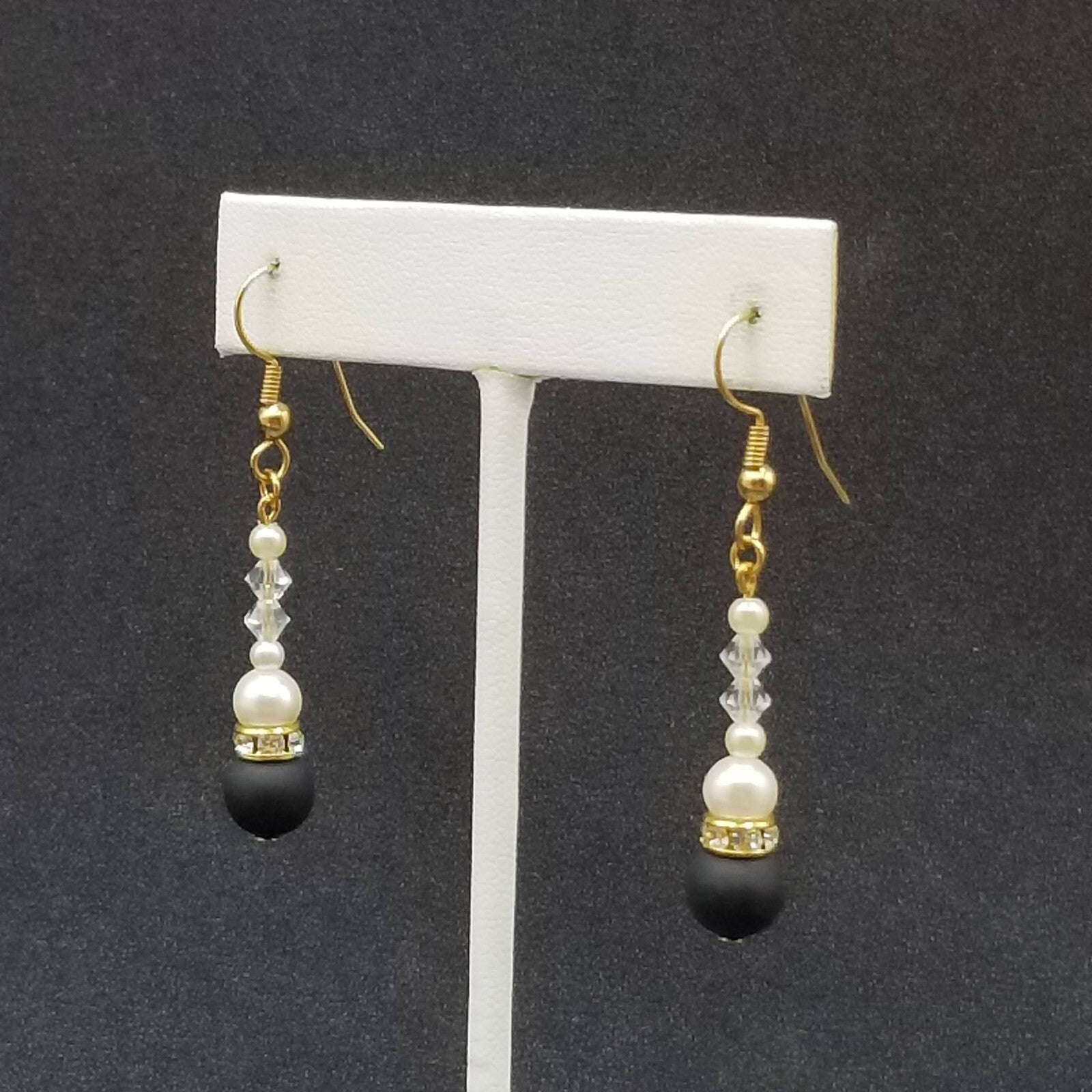 Pierced Earrings Gold tone Crystal Faux Pearl Black Beaded Dangle 1 1/8"