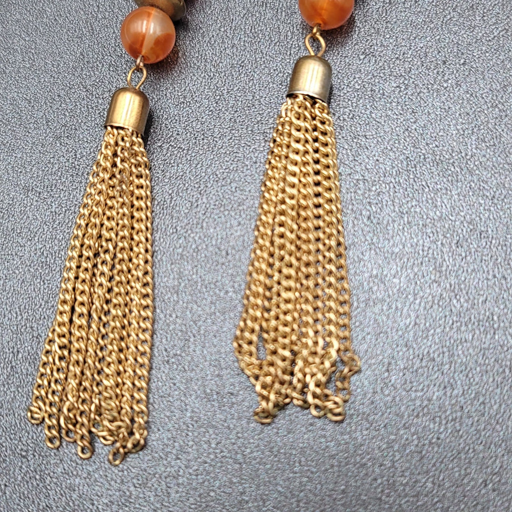 Pierced Earrings Gold tone Multi Chain Orange Bead Extra Long Dangle 4"