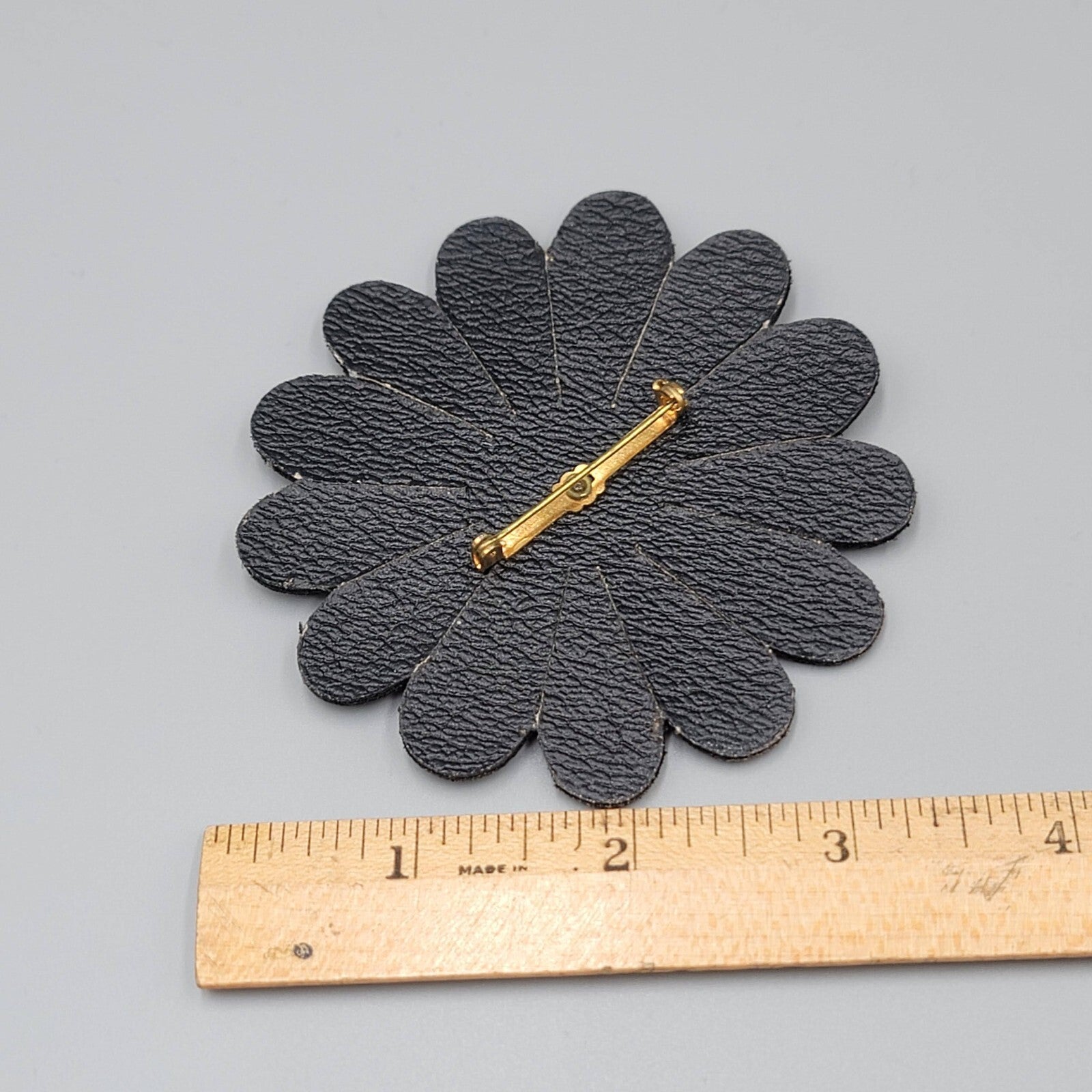 Large Flower Brooch Brown Leather 3.25"