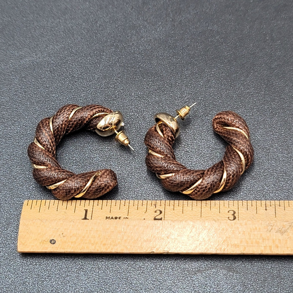 Pierced Earrings Gold tone Brown Fabric Wrapped Drop Hoops 1.5"