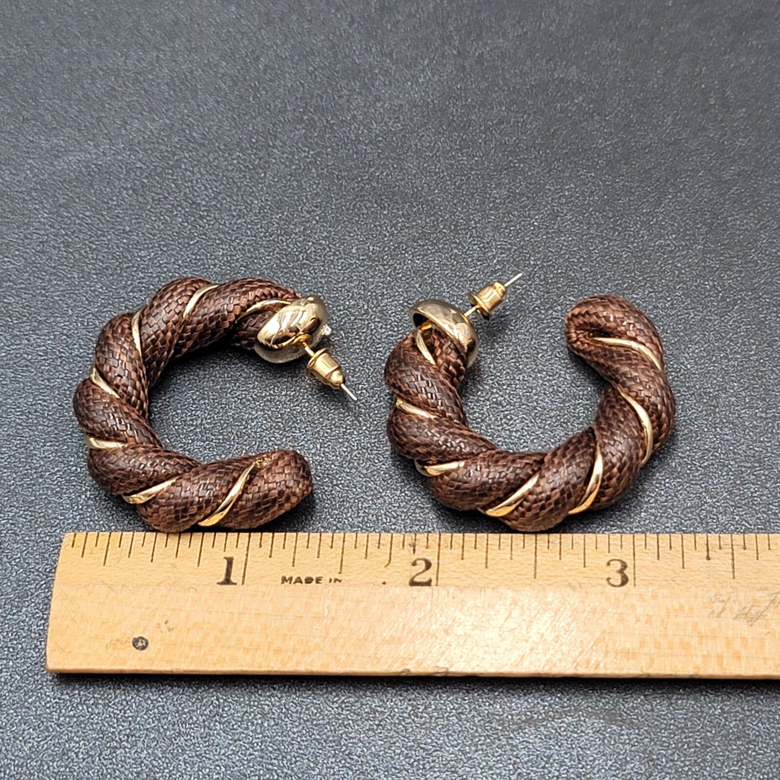 Pierced Earrings Gold tone Brown Fabric Wrapped Drop Hoops 1.5"