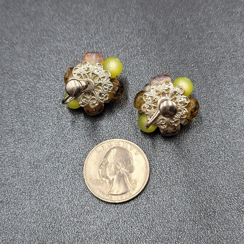 Vintage Clip on Earrings Yellow Green Pink Acrylic Cluster Bead Studs 1"