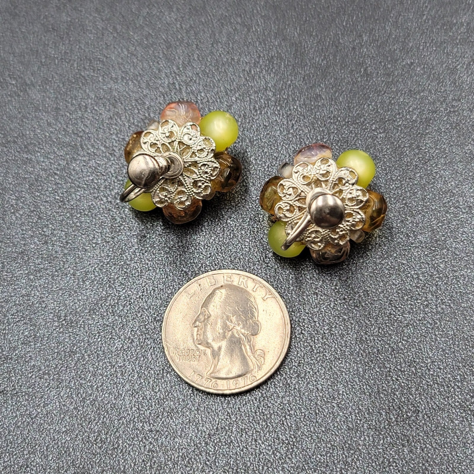Vintage Clip on Earrings Yellow Green Pink Acrylic Cluster Bead Studs 1"
