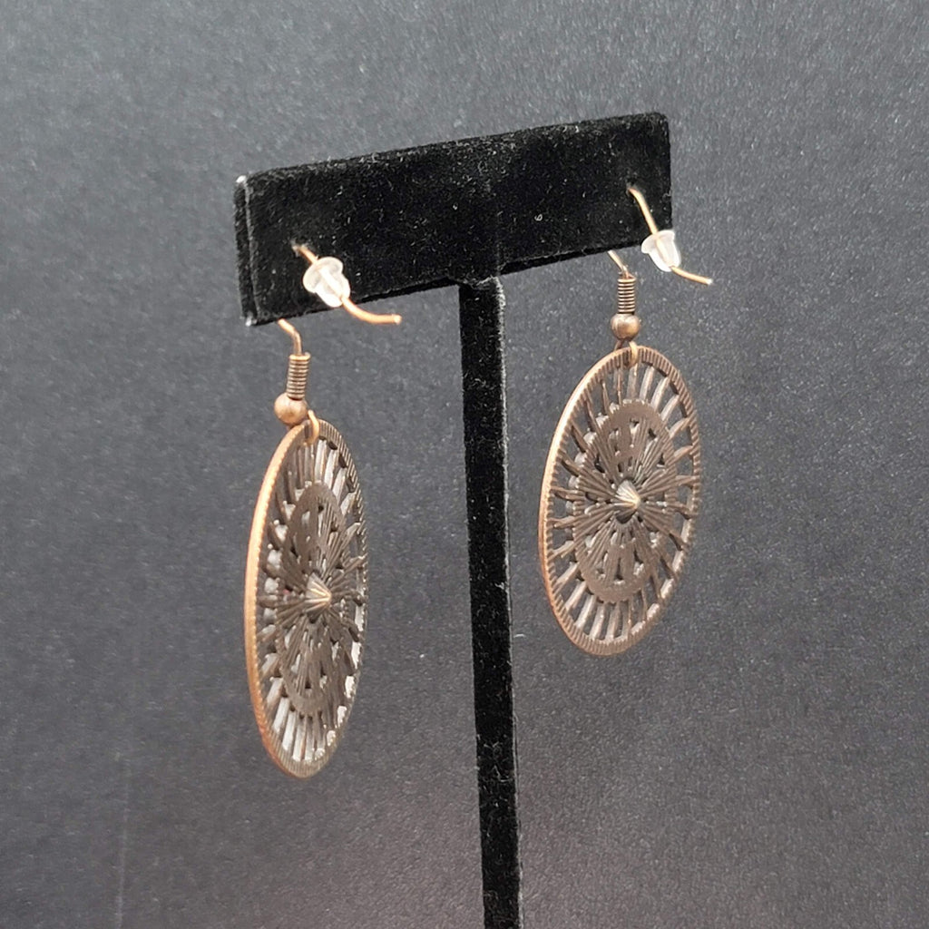 New Boho Pierced Earrings Bronze tone Blue Enamel Round Open Flower Dangle 1.25"