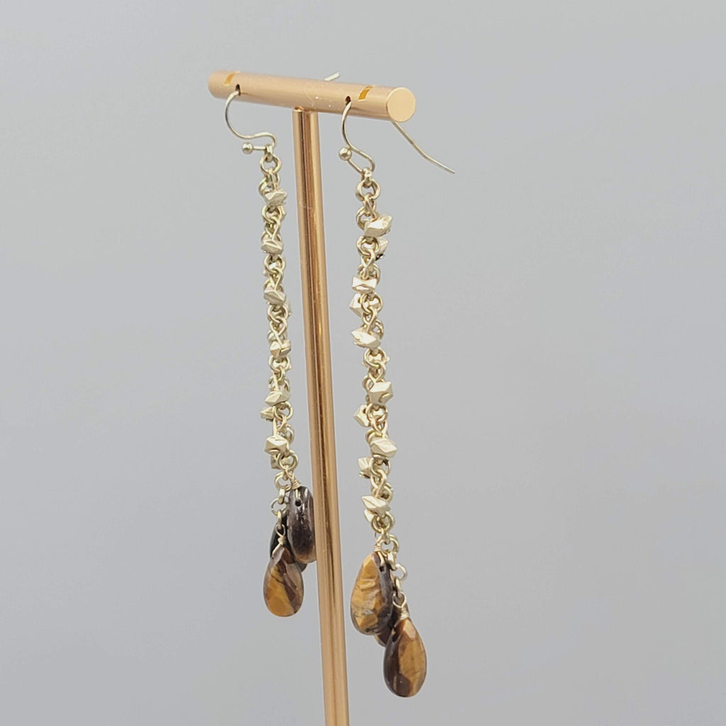 Long Tigers Eye Stone Bead Pierced Earrings Gold tone Dangle 3"