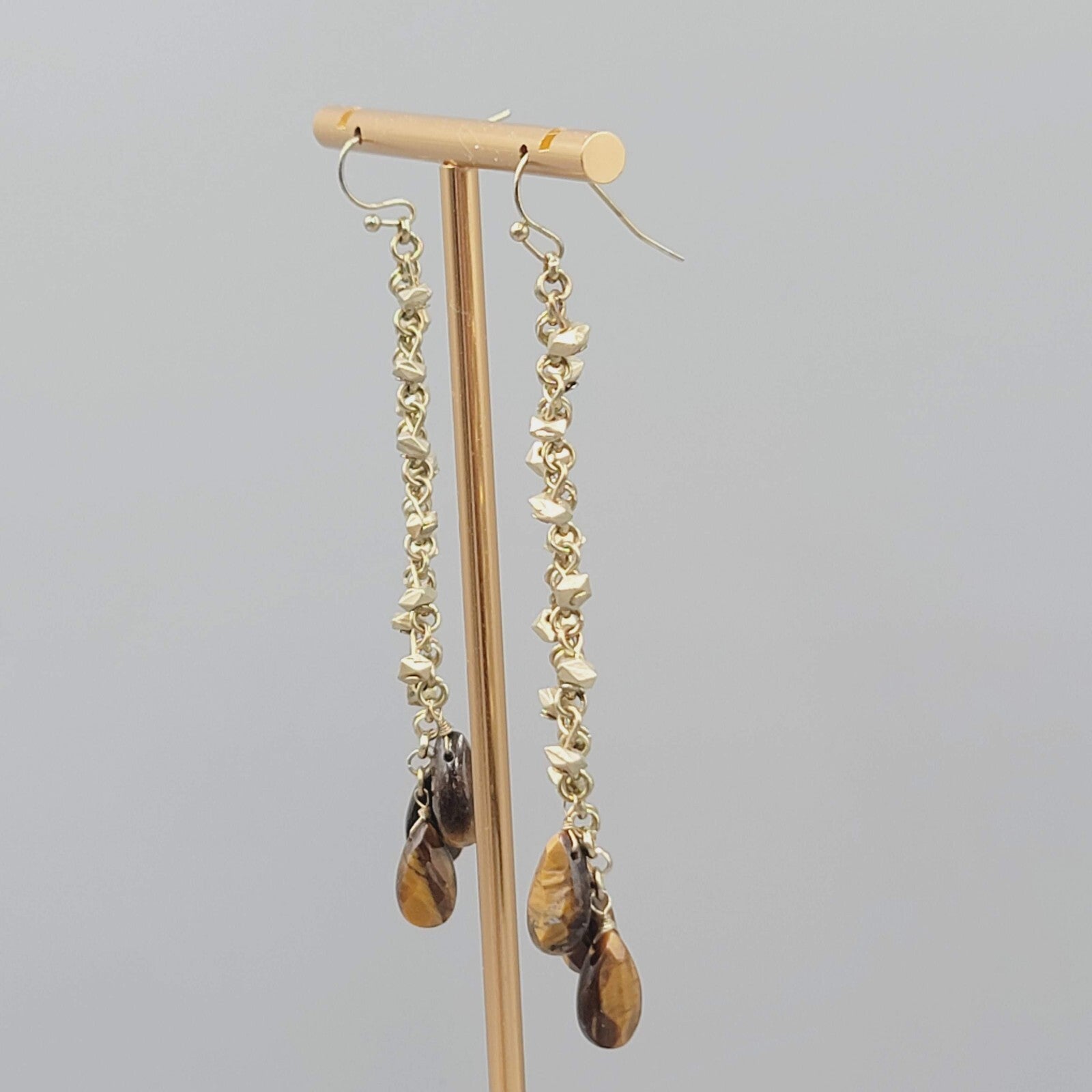 Long Tigers Eye Stone Bead Pierced Earrings Gold tone Dangle 3"