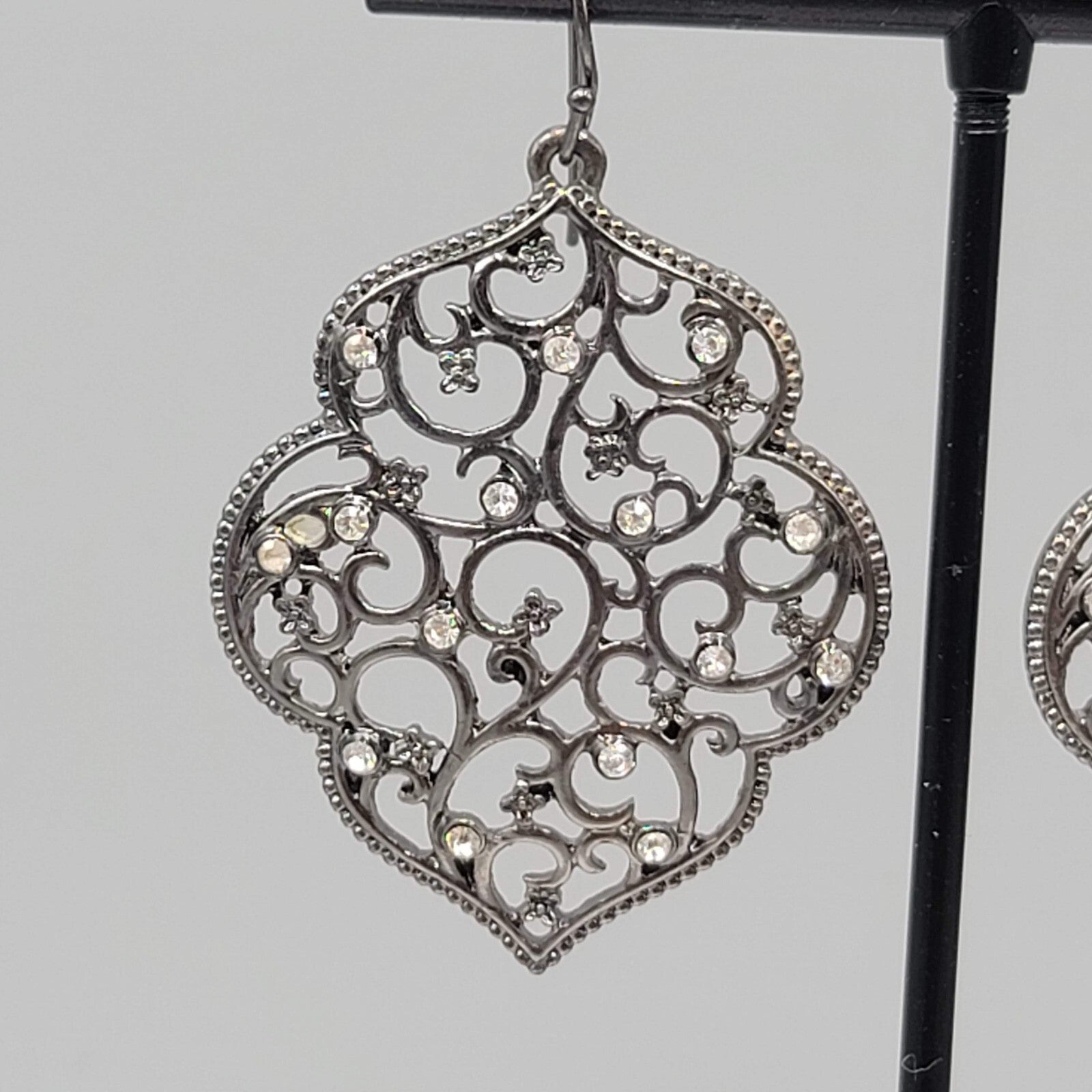 Pierced Earrings Black Metal Crystal Rhinestone Filigree Dangle 1.75"