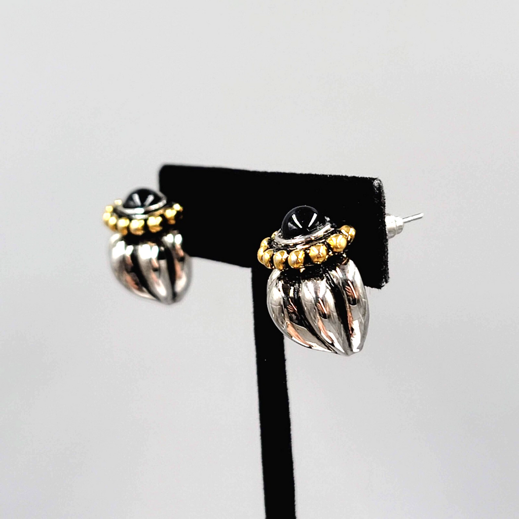 Pierced Earrings Heavy Silver and Gold Plated Black Cabochon Statement 3/4"