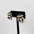 Pierced Earrings Heavy Silver and Gold Plated Black Cabochon Statement 3/4"
