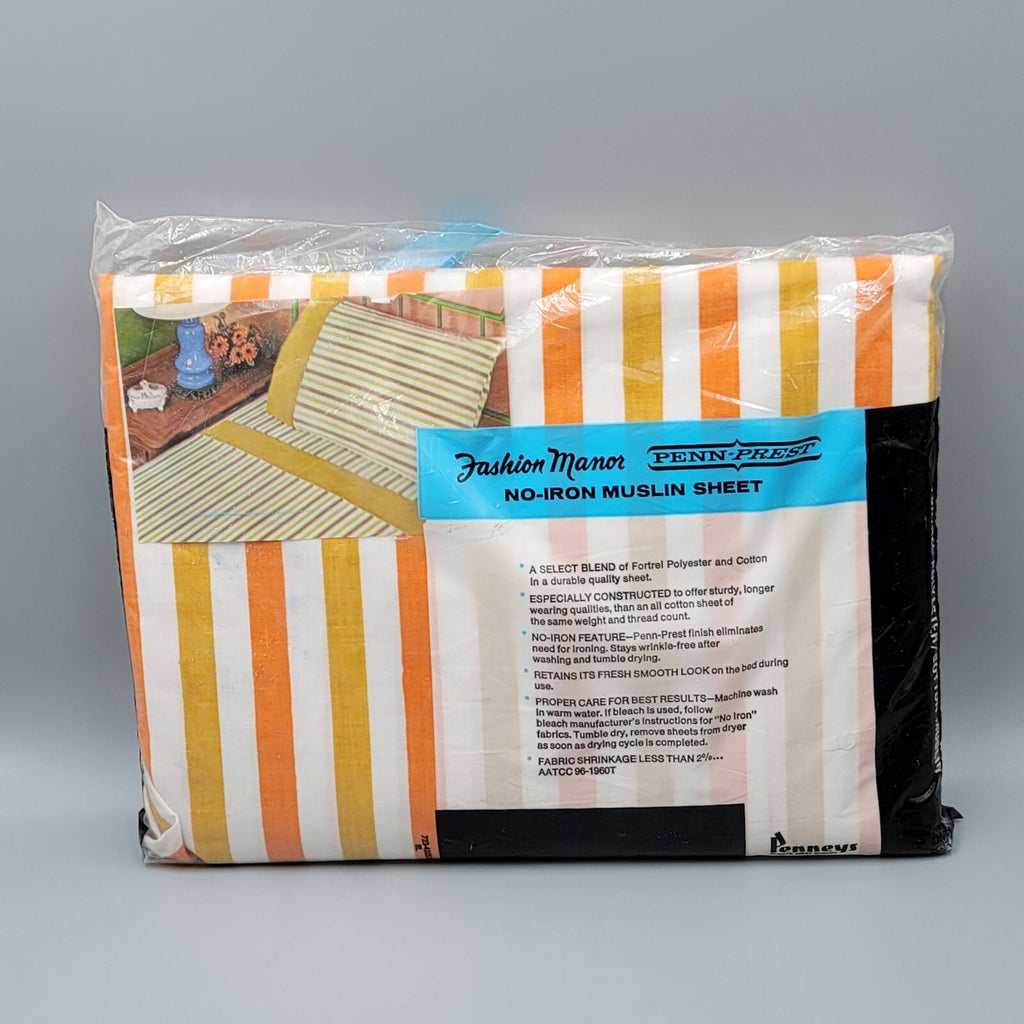 Vtg Penn-Prest Non Iron Orange Striped Double Bed Fitted Sheet Polyester Cotton