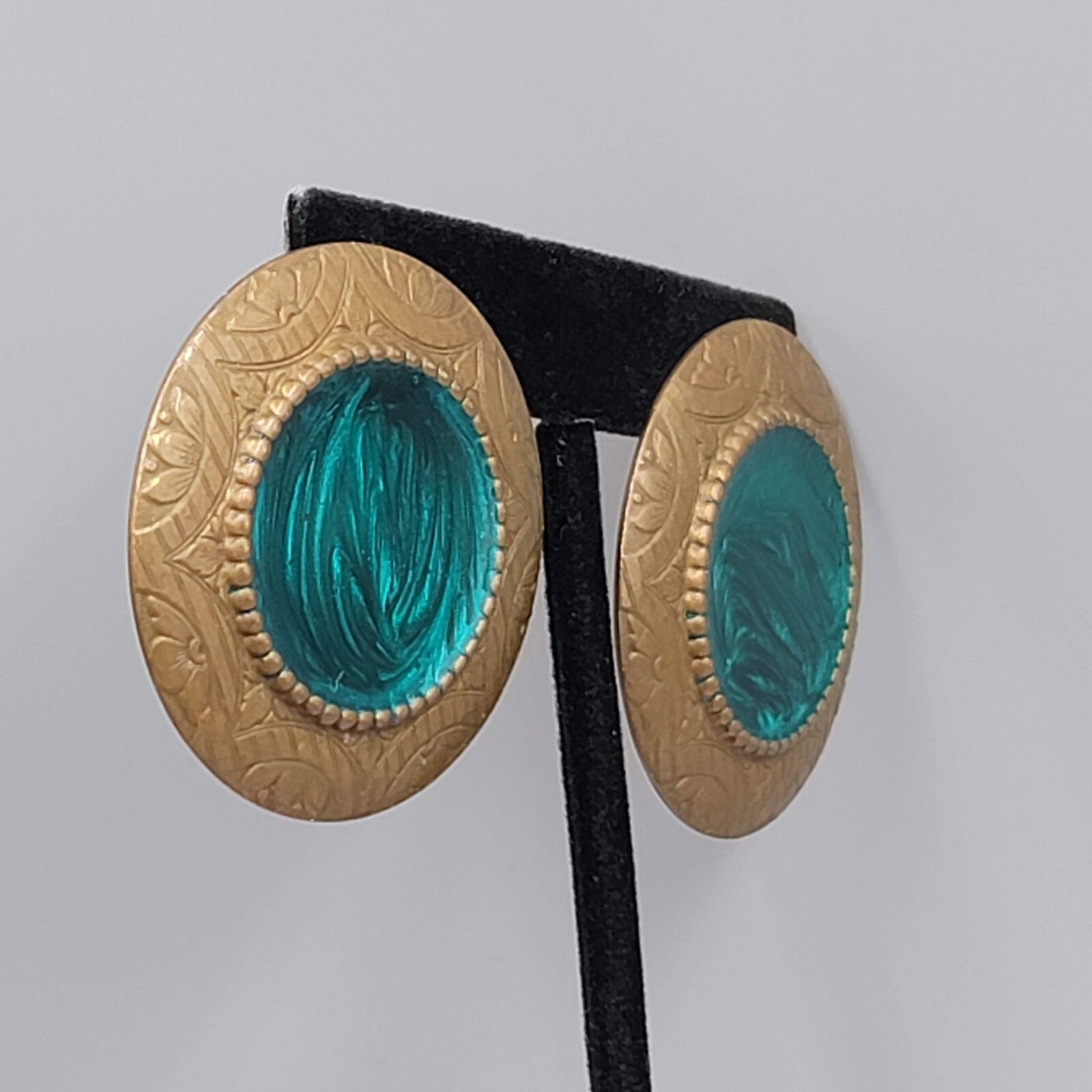 Large Round Pierced Earrings Bronze tone Green Swirl Enamel Drop 1 5/8"